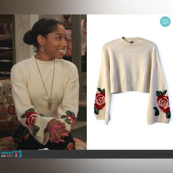 H&M Cream Cropped Turtleneck Sweater with Red Rose Motif - Picture 7 of 7